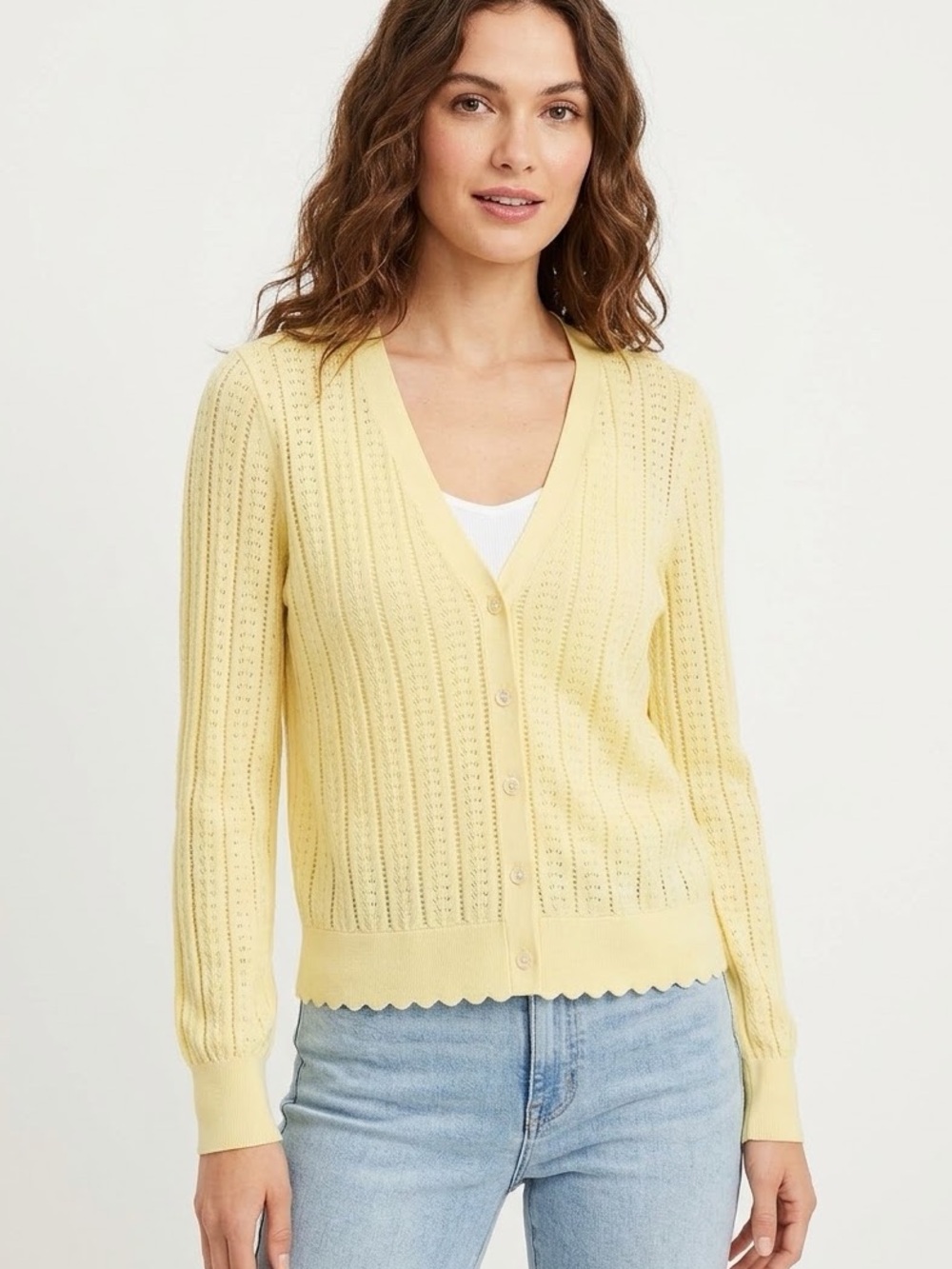 LOFT Pale Yellow Scalloped Pointelle V-Neck Cardigan Sweater M, Never Worn